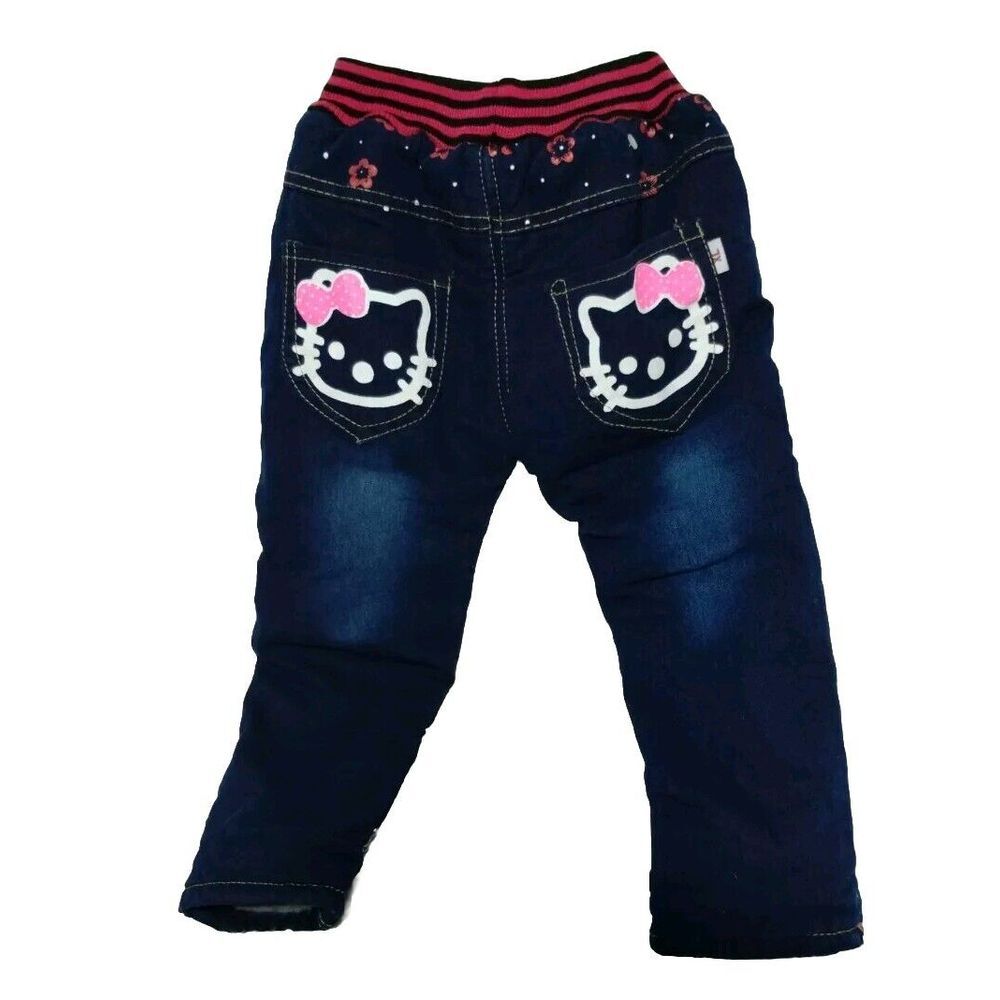 Hello Kitty Fleece Lined Jeans Blue Toddler Size XL With Hello Kitty On Pockets